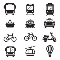 Set of public transportation related icons minimal flat graphic transport symbol silhouette vector transparent background.