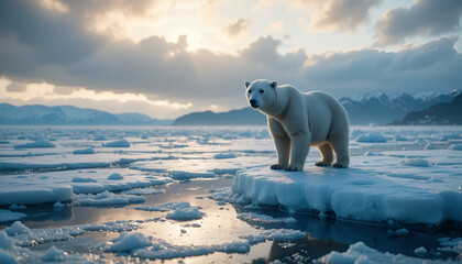 Polar bear standing on ice floe in arctic landscape with mountains