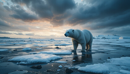Polar bear standing on ice floe in arctic landscape under cloudy sky
