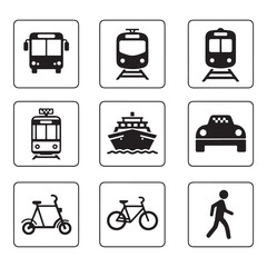 Set of public transportation related icons minimal flat graphic transport symbol silhouette vector transparent background.