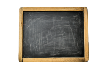 Old wooden framed chalkboard with white chalk marks isolated on transparent background. Back to school blackboard isolated on white background.