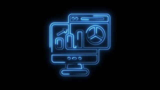 Computer displaying business data charts and graphs glowing neon style analytics dashboard concept