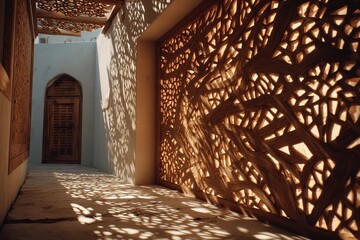 Intricate Patterns of Light and Shadow From a Carved Wooden Mashrabiya Screen Generative AI