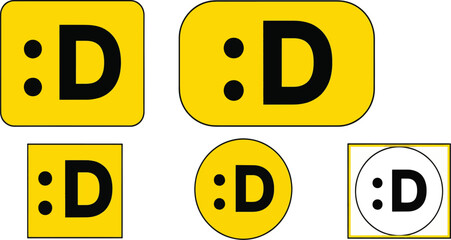 A collection of five yellow graphic elements, each displaying a simple smiley face emoticon with a colon for eyes and a large "D" for a mouth, presented in v...