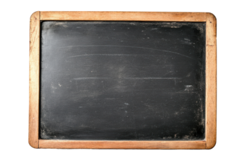 Old wooden framed chalkboard with white chalk marks isolated on transparent background. Back to school blackboard isolated on white background.