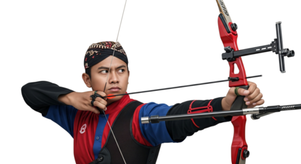 Archer with Red Bow and Traditional Headwear Aiming with Focus.