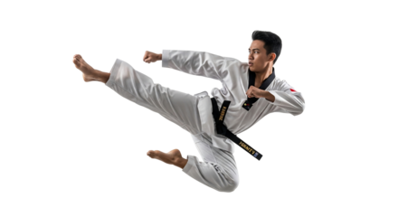 Asian man in white taekwondo uniform performing a flying kick with black belt.