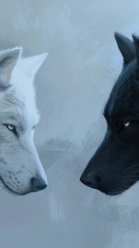 A pair of wolves standing nose-to-nose in a neutral pose