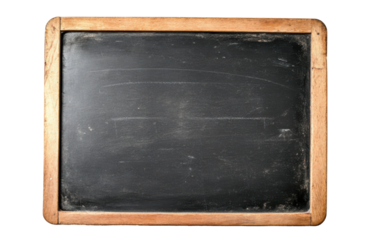 Old wooden framed chalkboard with white chalk marks isolated on transparent background. Back to school blackboard isolated on white background.