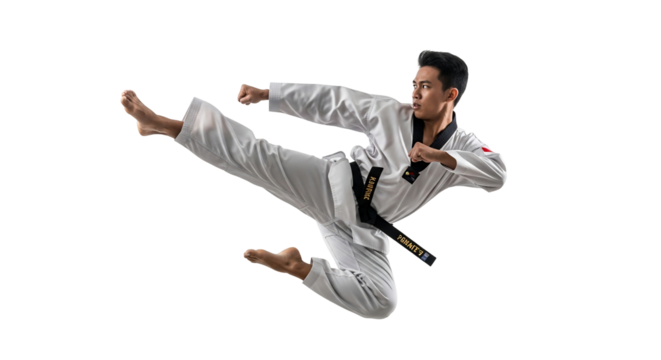Asian man in white taekwondo uniform performing a flying kick with black belt.