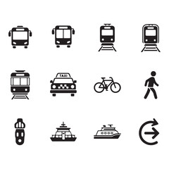 Set of public transportation related icons minimal flat graphic transport symbol silhouette vector transparent background.
