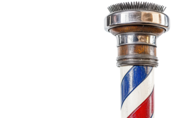 Vintage barber pole with ornate gold handle isolated on transparent background. Barbershop pole isolated on white background.