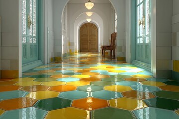 Vibrant Hexagon Tiles Create a Colorful Path in a Bright Hallway Generative AI