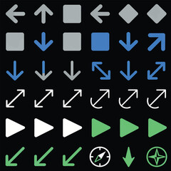 A collection of diverse geometric icons and directional arrows in various colors and styles, including squares, diagonals, play buttons, and compass elements...
