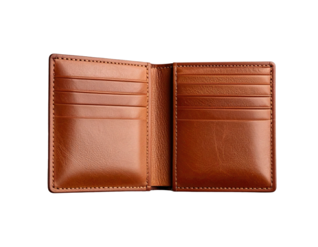 Open brown leather wallet displaying card slots against a black background