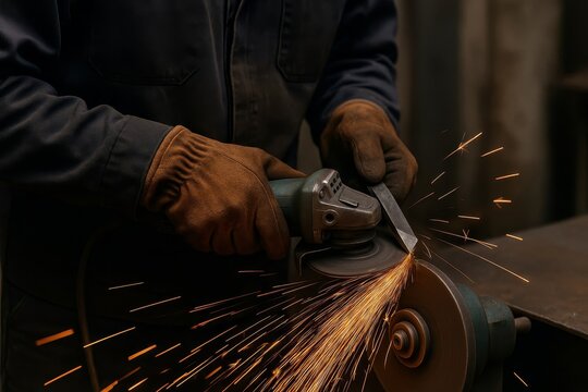 Hands in work gloves operate a grinding wheel, creating vibrant sparks. Industrial close-up of metalwork, showcasing craftsmanship and safety.