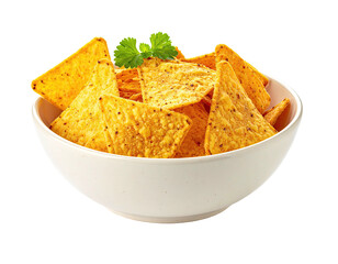 Close-up of a white bowl overflowing with tortilla chips and a sprig of cilantro