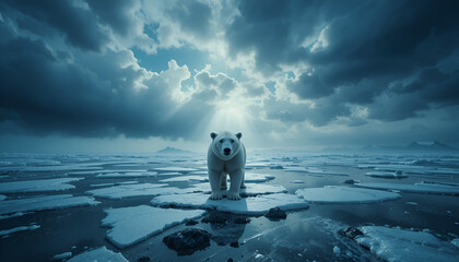Polar bear standing on ice floe under dramatic cloudy sky at dusk
