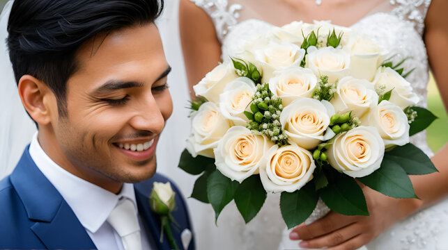 A bride and groom pose closely, capturing the essence of their wedding day joy. The bride holds a beautiful bouquet of roses. It's a moment of love and togetherness.