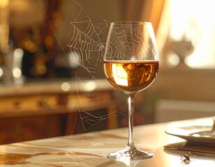Forgotten glass of amber liquid with delicate spiderweb and tiny spider