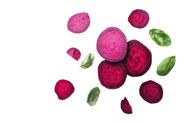 Fresh beetroot slices and pistachios isolated on transparent background. Beetroot with leaves isolated on white background.