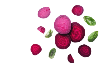 Fresh beetroot slices and pistachios isolated on transparent background. Beetroot with leaves isolated on white background.