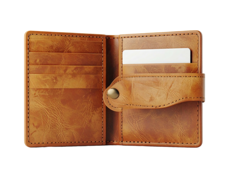 Open brown leather wallet, showing card slots and a snap closure on a black background