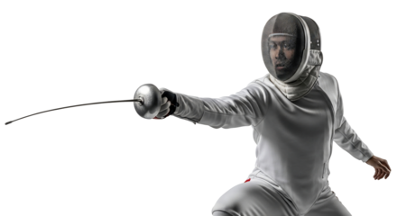 Athlete in Fencing Gear Lunging Forward with Sword Extended.