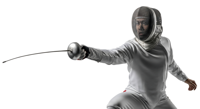 Athlete in Fencing Gear Lunging Forward with Sword Extended. - Powered by Adobe