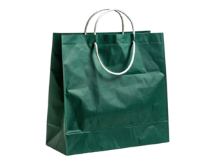 A green paper shopping bag with white rope handles, standing against black