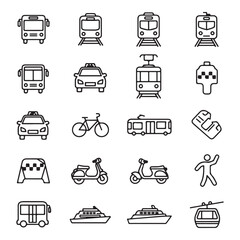 Set of public transportation related icons minimal flat graphic transport symbol silhouette vector transparent background.