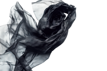 Crushed black and silver crumpled paper texture isolated on transparent background. Black garbage bag isolated on white background.
