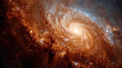 A stunning galaxy nebula exhibits a golden spiral shape filled with vibrant colors and stars