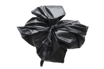 Abstract black garbage bag material sculpture isolated on transparent background. Black garbage bag isolated on white background.