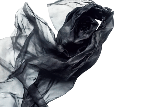 Crushed black and silver crumpled paper texture isolated on transparent background. Black garbage bag isolated on white background.