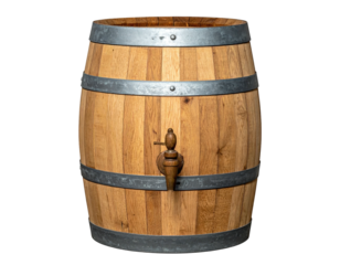 Wooden barrel with metal bands and spigot, isolated on black background