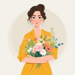 A Woman Holding a Bouquet of Colorful Flowers, Smiling in Delight
