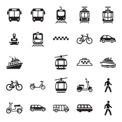 Set of public transportation related icons minimal flat graphic transport symbol silhouette vector transparent background.