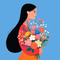 A woman holding a vibrant bouquet of flowers, exuding elegance and grace
