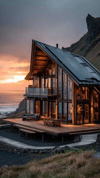Modern wooden house perched on cliff overlooking ocean at sunset