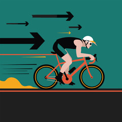 Fototapeta premium Cyclist in Motion with Speed Arrows and Orange Accents Keywords: cyclist, cycling, bicycle, sport, speed, motion, race, athlete, helmet, road