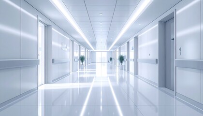 Bright White Hospital Hallway with Shiny Floors Doors and Indoor Plants under Recessed Lighting