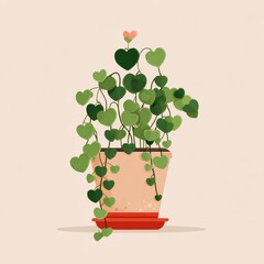 A charming illustration of a potted plant featuring heart-shaped leaves, symbolizing love and growth