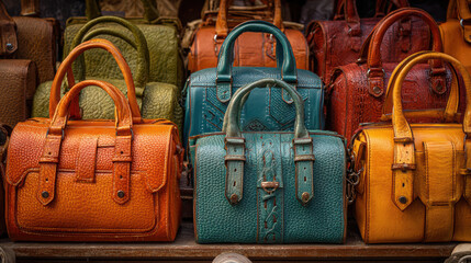 Colorful Leather Handbags Displayed in Market Stall