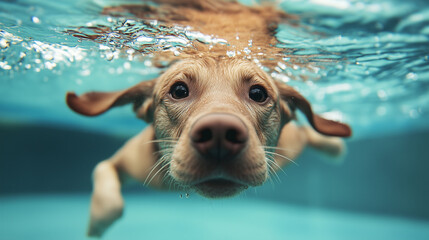 Dog swims underwater in a clear pool during a sunny afternoon, showcasing playful energy and curiosity