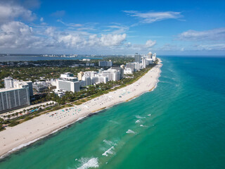 Miami cityscape with skyscrapers and ocean. Miami Beach from above. Miami skyline from top.