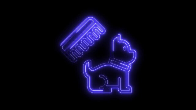 Dog grooming neon illustration animation with comb on a black background simple outline