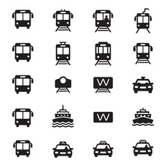 Set of public transportation related icons minimal flat graphic transport symbol silhouette vector transparent background.