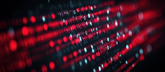 Abstract digital background with red data streams, blurred lights, and binary code