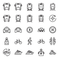 Set of public transportation related icons minimal flat graphic transport symbol silhouette vector transparent background.
